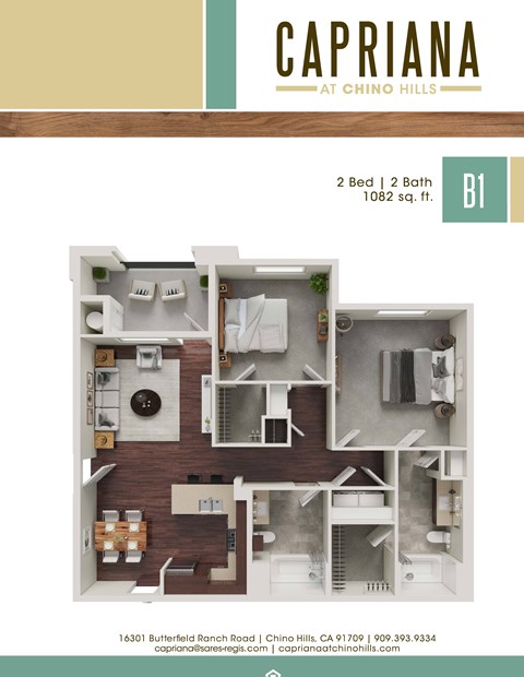 Floor plan for 2 beds, 2 baths, 1082 sqft